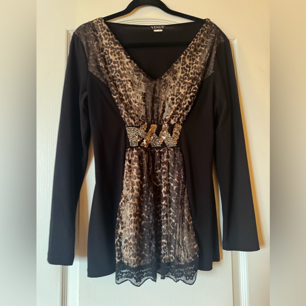 VENUS Black and Leopard Print Blouse with Embellishments